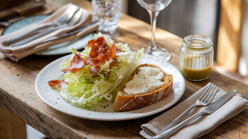 Frisée-Salat mit Lardons und warmem Chavignol-Ziegenkäse