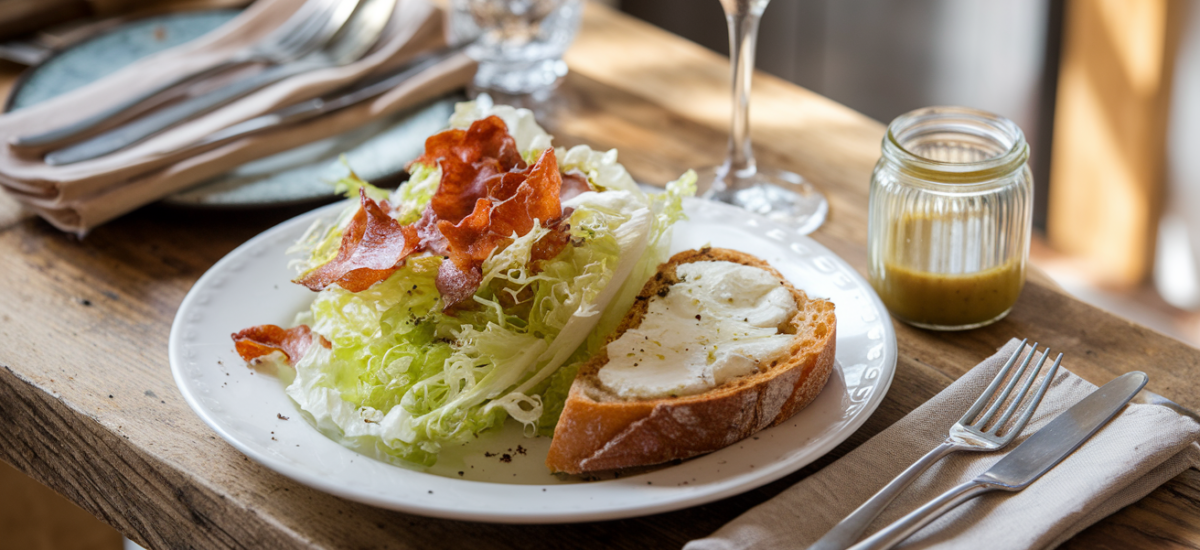 Salade de Frisée aux Lardons et au Fromage de Chèvre Chaud de Chavignol