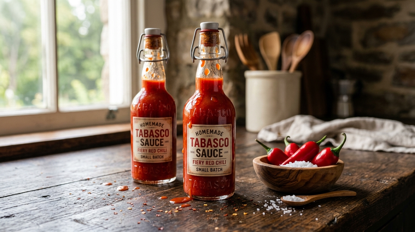 Homemade Tabasco sauce in vintage embossed glass bottles with fresh red peppers and sea salt