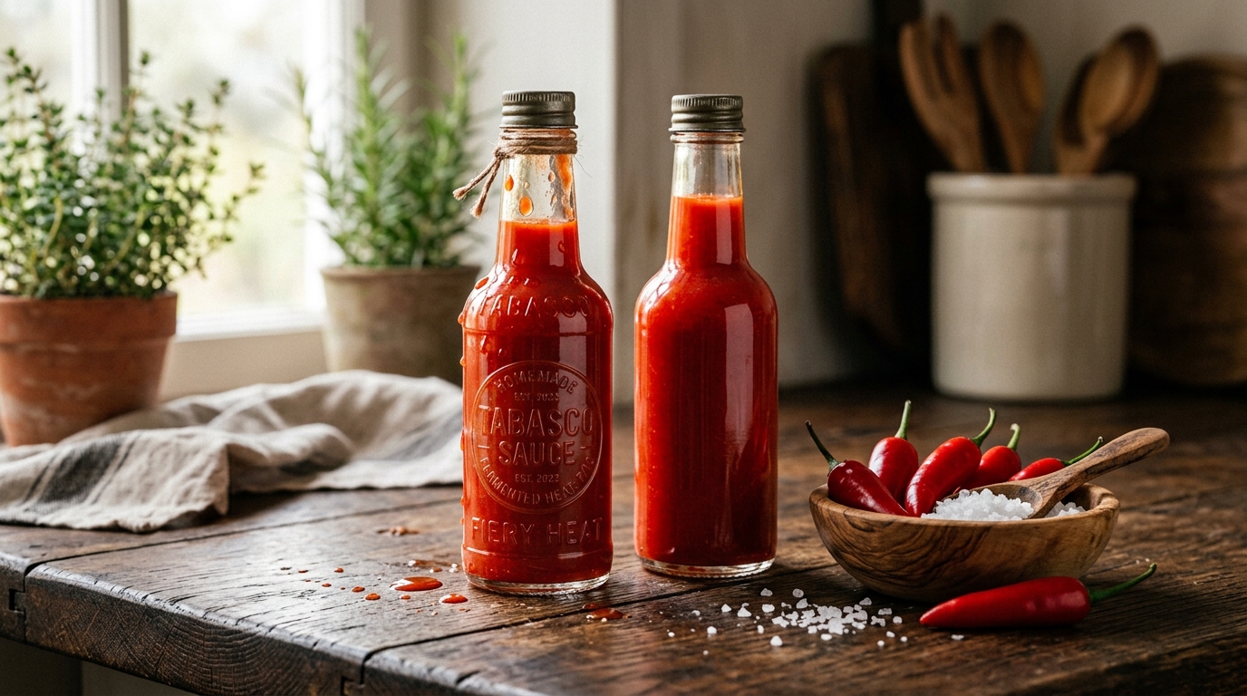 Funneling bright red homemade Tabasco hot sauce into classic 5-ounce glass woozy bottles