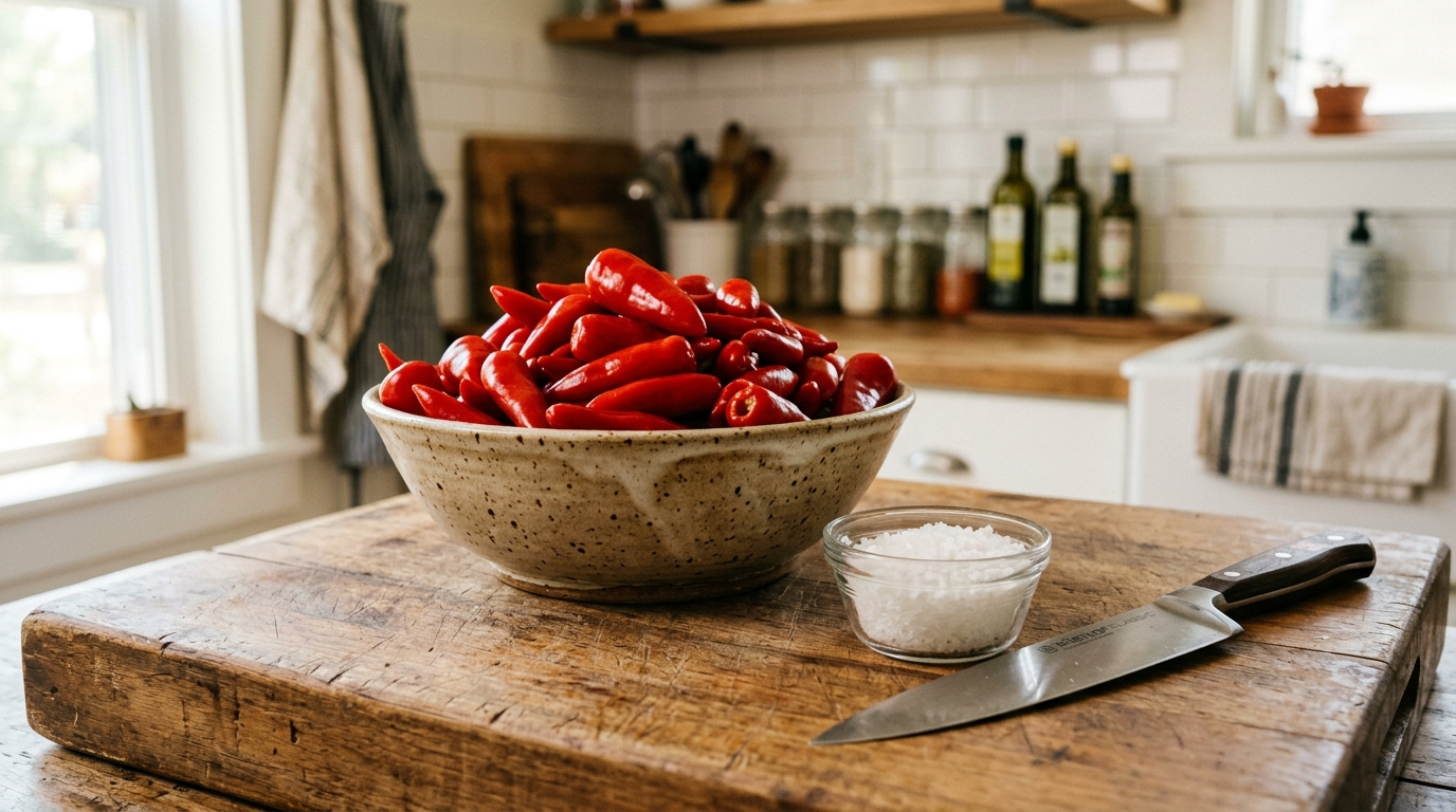 Selecting and destemming ripe red Tabasco chili peppers with coarse sea salt on a butcher block