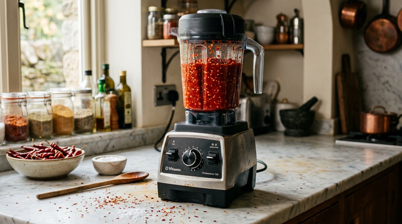 Grinding fresh red chili peppers and salt into a vibrant mash in a countertop blender