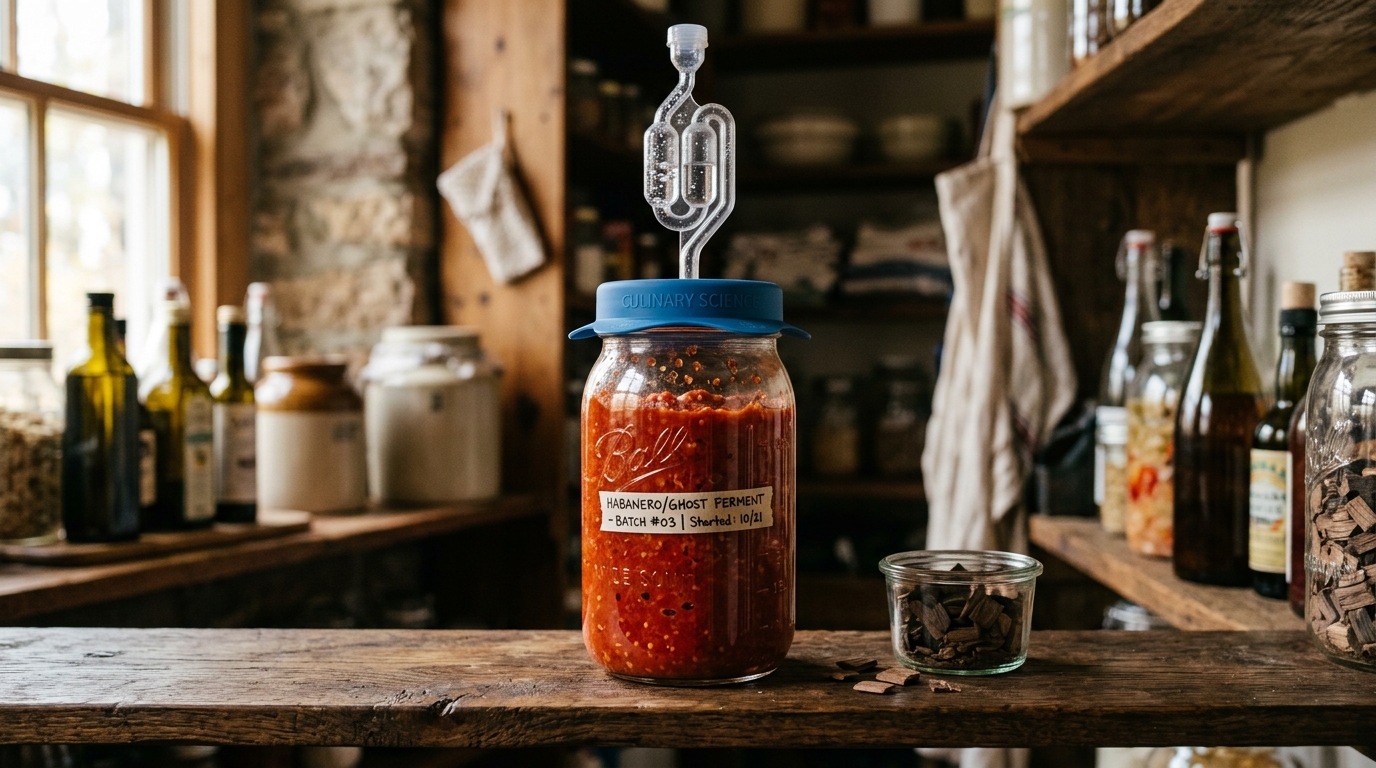 Fermenting the salted red pepper mash in a glass jar with an airlock lid on a pantry shelf