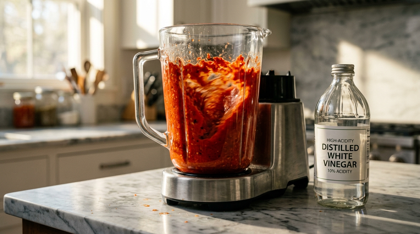 Blending fermented pepper mash with high-acidity distilled white vinegar in a countertop blender