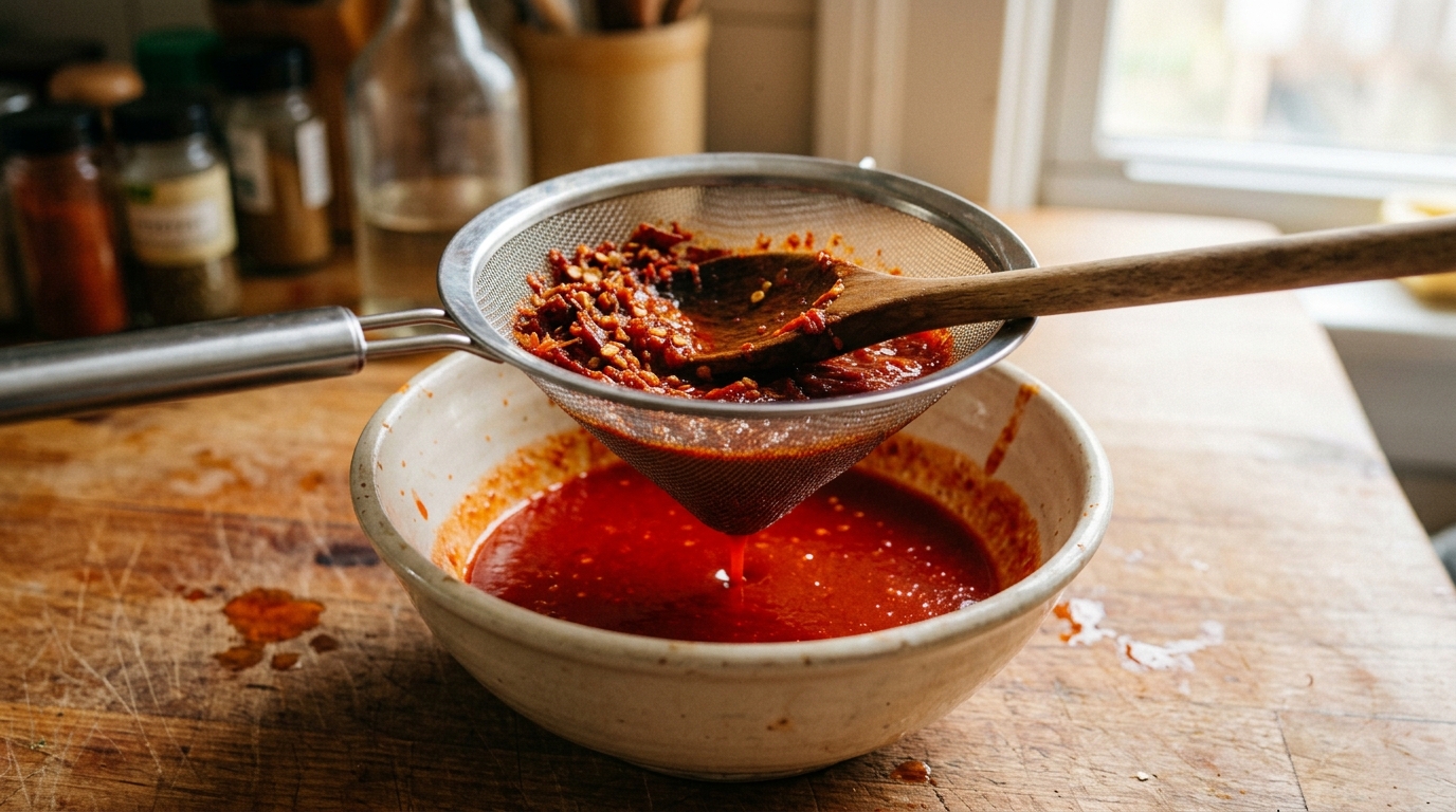 Straining the blended Tabasco hot sauce through a fine-mesh stainless steel sieve