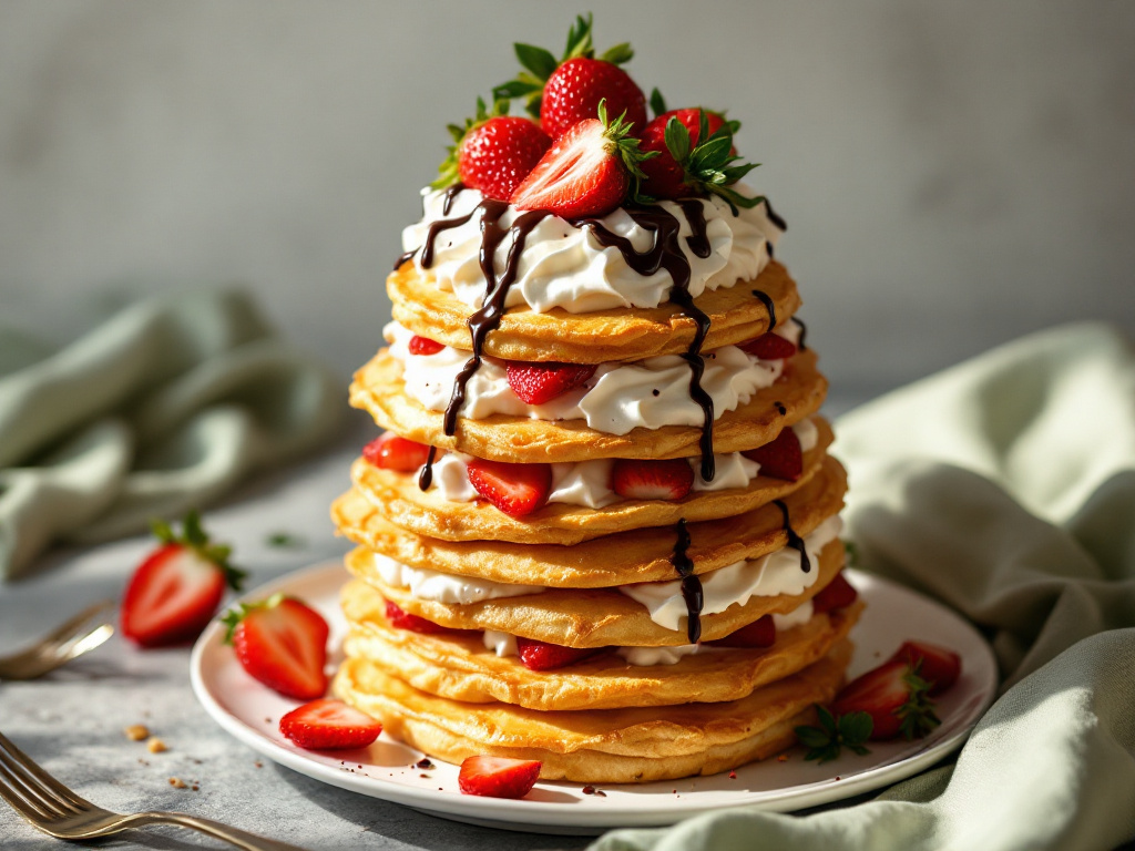 a stack of golden puff pastry layers filled with whipped cream and fresh strawberries.