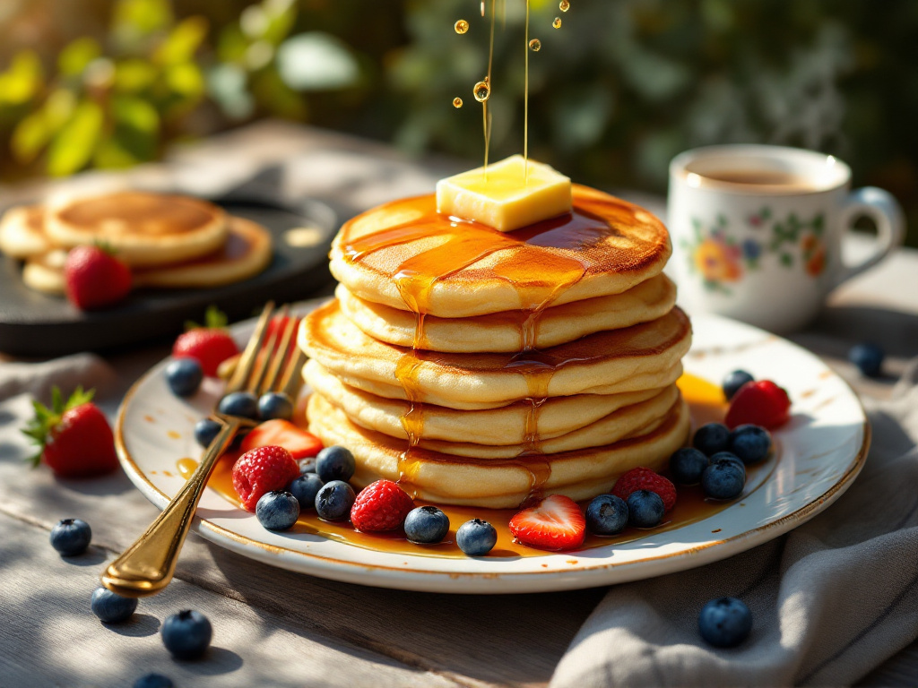 Pancake batter is poured onto a hot Blackstone griddle, forming round circles.