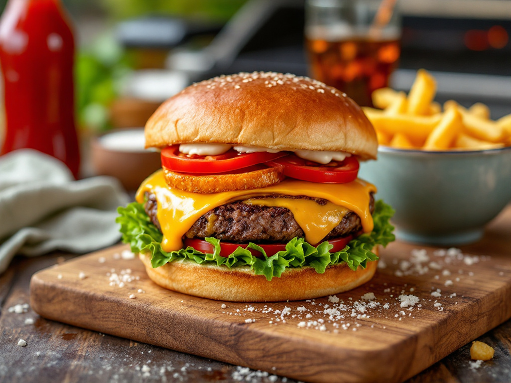 Beef patties are smashed on the Blackstone griddle, juices sizzling as the patties form a crust.