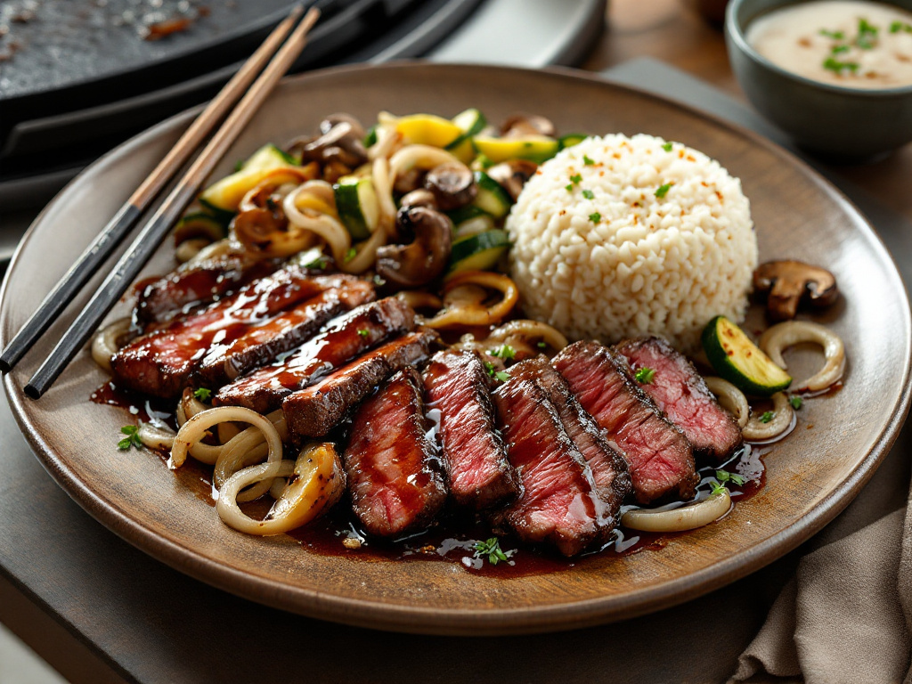 Thinly sliced steak is seared on the Blackstone, with onions, zucchini, and mushrooms cooked alongside.