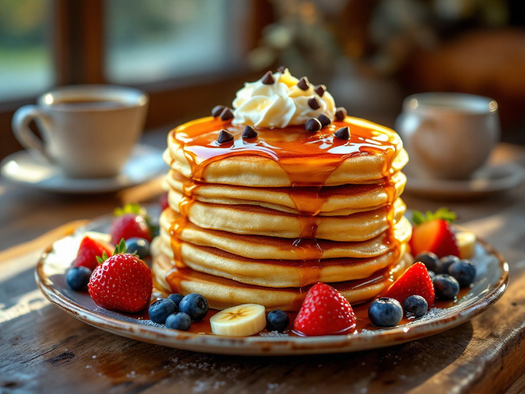 Goldbraune, fluffige Pfannkuchen liegen auf einem rustikalen Keramik-Teller und sind mit einem Stück Butter garniert, das langsam an den Seiten herunterschmilzt.