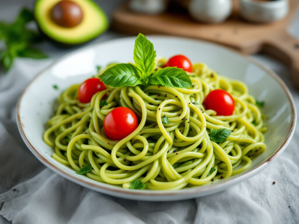 A plate of creamy avocado pasta, with spaghetti noodles coated in a smooth, vibrant green avocado sauce, elegantly twirled on a white dish. 
