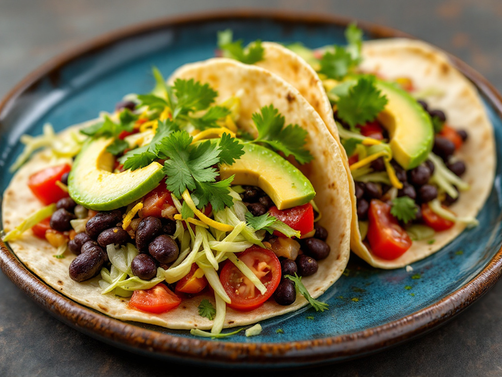 Three soft corn tortillas filled with spiced black beans, shredded lettuce, diced tomatoes, and sliced avocado, garnished with fresh cilantro and lime wedges.