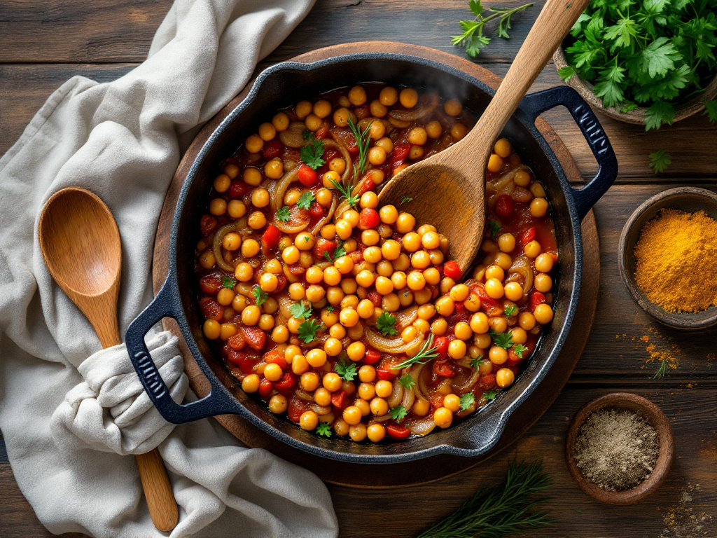 A warm and hearty chickpea stew in a black cast iron pot, simmering with chickpeas, tomatoes, onions, and a hint of turmeric.