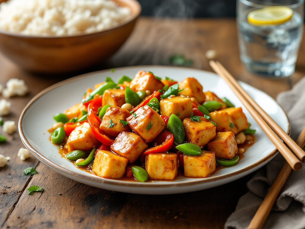  A sizzling plate of peanut tofu stir-fry, featuring crispy golden tofu cubes coated in a glossy peanut sauce, tossed with vibrant bell peppers and snap peas. 