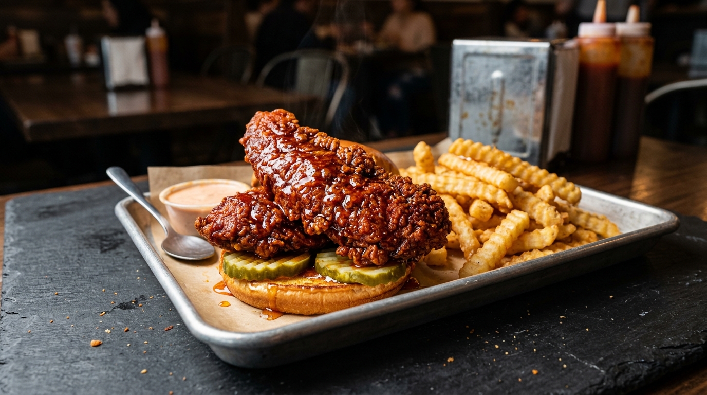 Dave's Hot Chicken tenders coated in fiery crimson spice oil, drizzled with clover honey and served with Dave's sauce