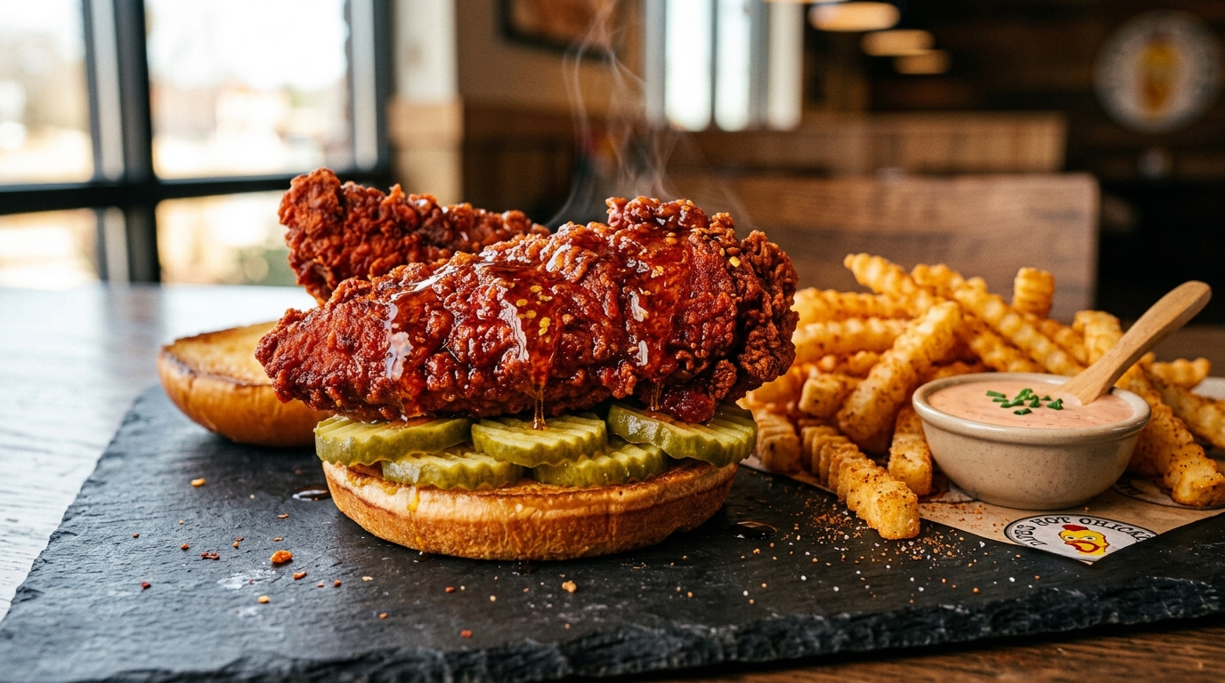 Drizzling pure clover honey over fiery crimson glazed hot chicken tender on crinkle-cut pickles