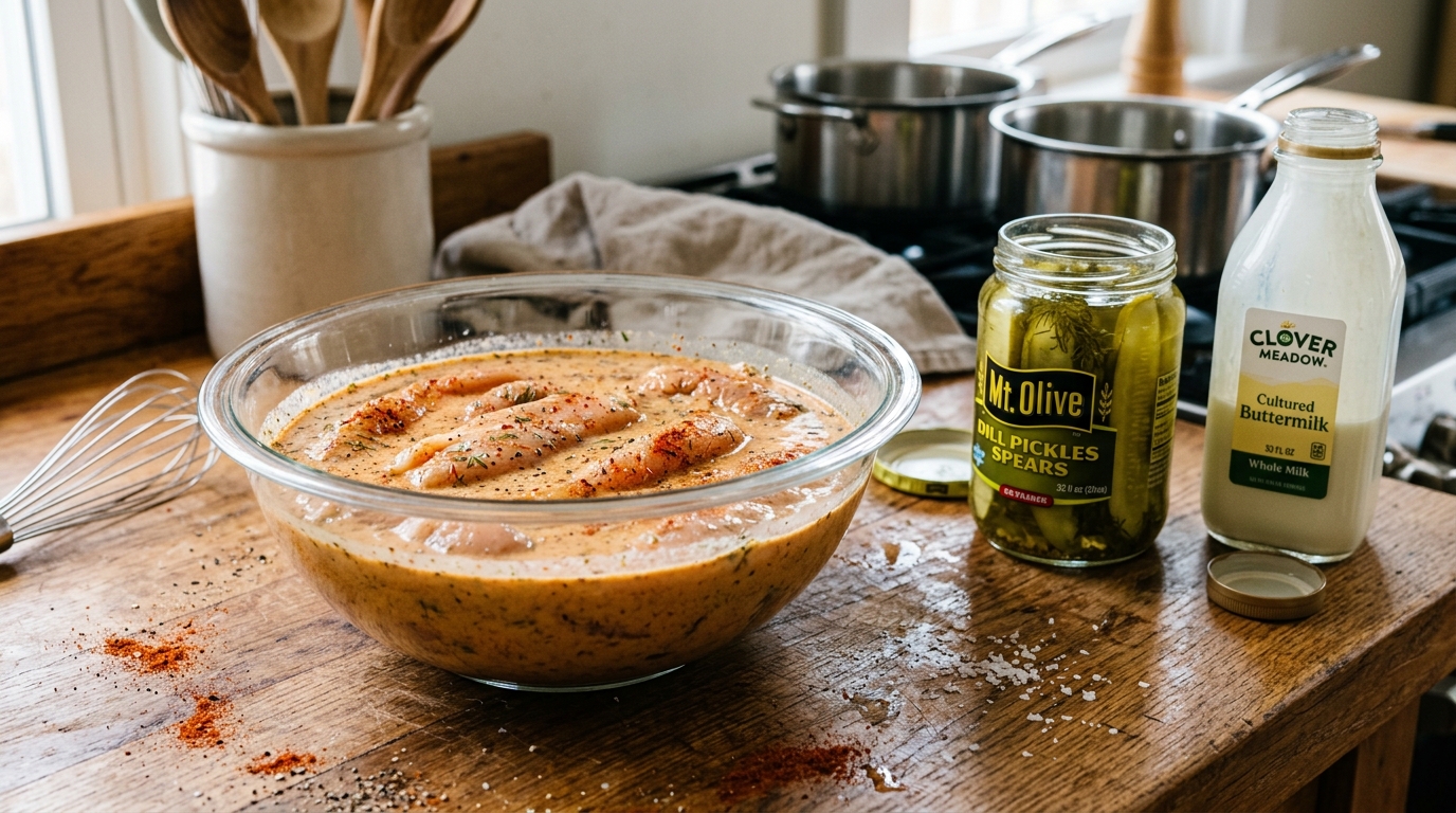 Brining jumbo chicken tenders in spiced buttermilk and dill pickle juice for Dave's Hot Chicken