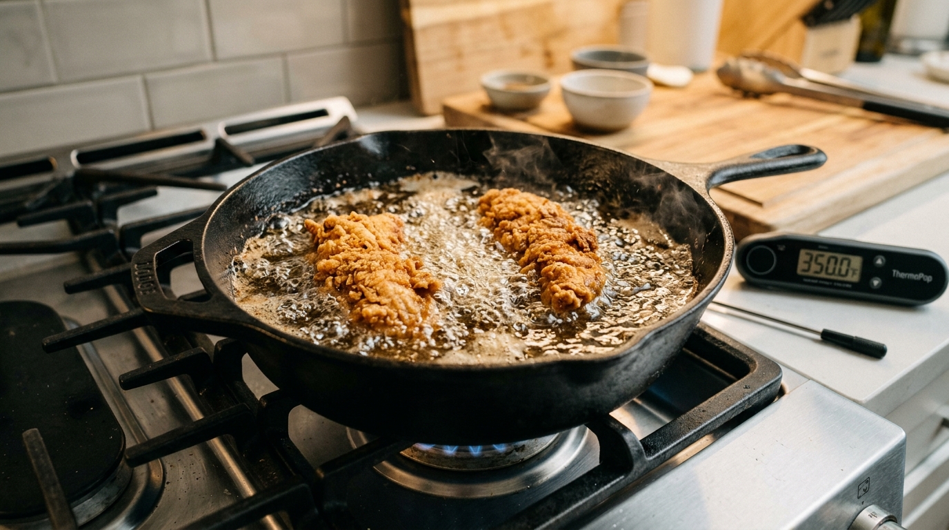 Deep frying chicken tenders at 350 degrees in a Lodge cast iron deep skillet for Dave's Hot Chicken