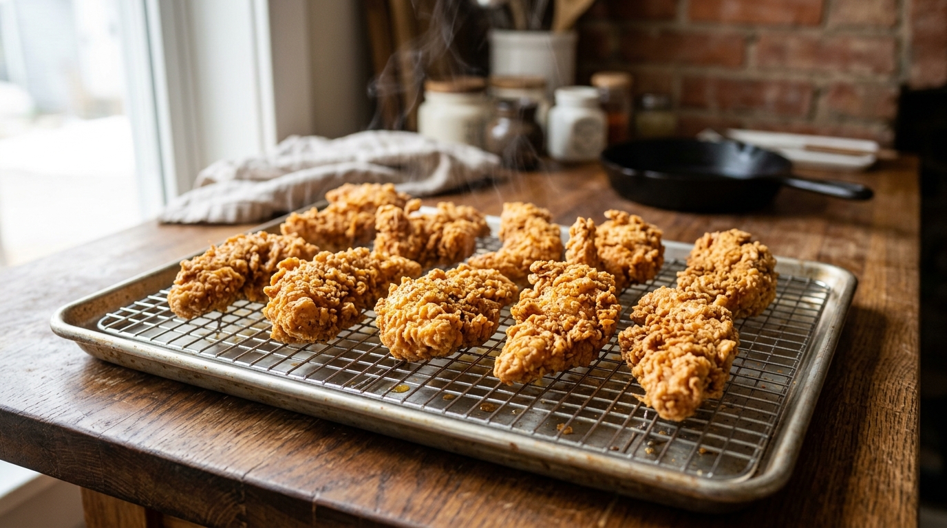 Resting golden-crisp fried chicken tenders on a wire cooling rack for Dave's Hot Chicken