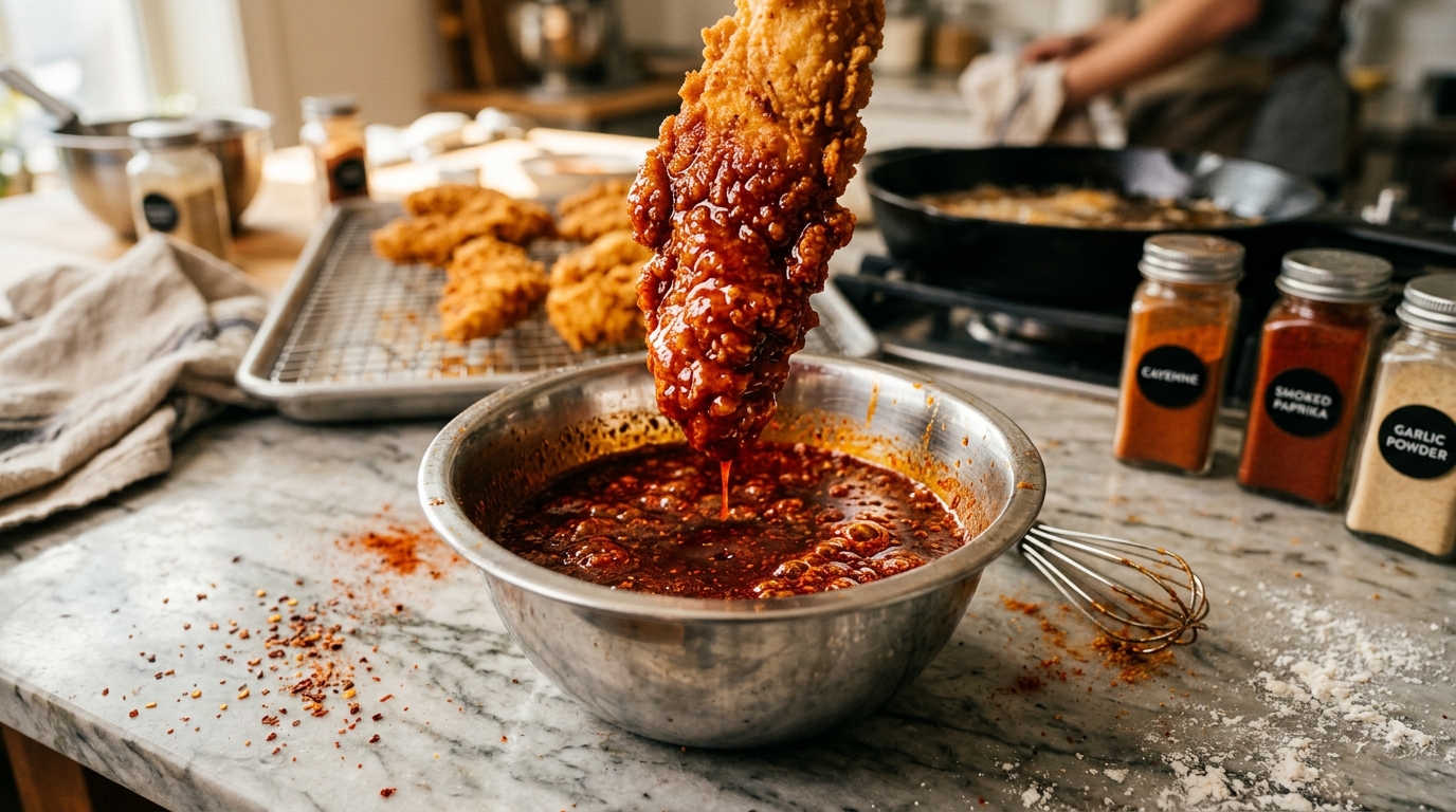 Dipping fried chicken tender into sizzling crimson Nashville hot oil spice glaze for Dave's Hot Chicken
