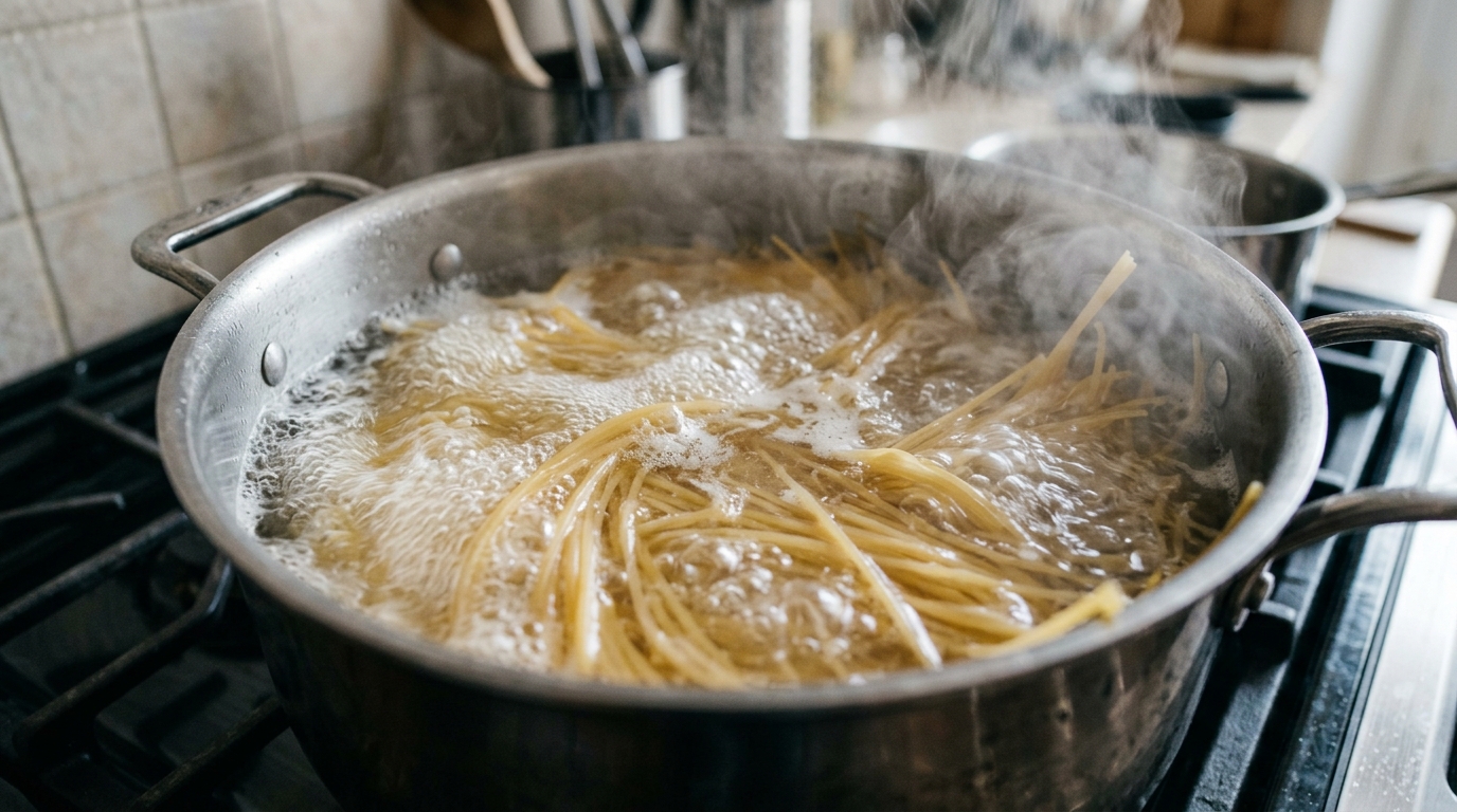 Whisking heavy cream and starchy pasta cooking water into the garlic butter base to form a velvety emulsion