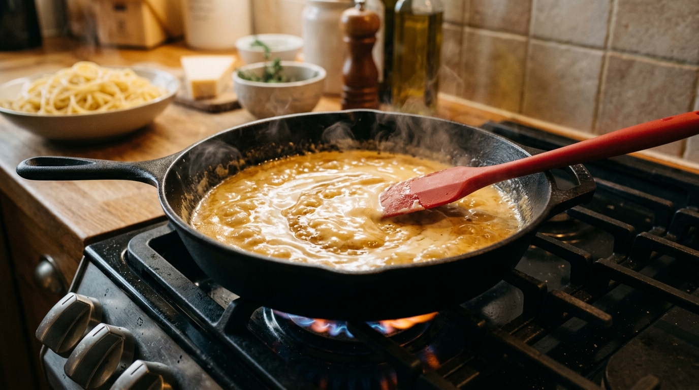 Folding fresh orange tobiko into warm pasta off the heat to preserve its signature crisp popping texture