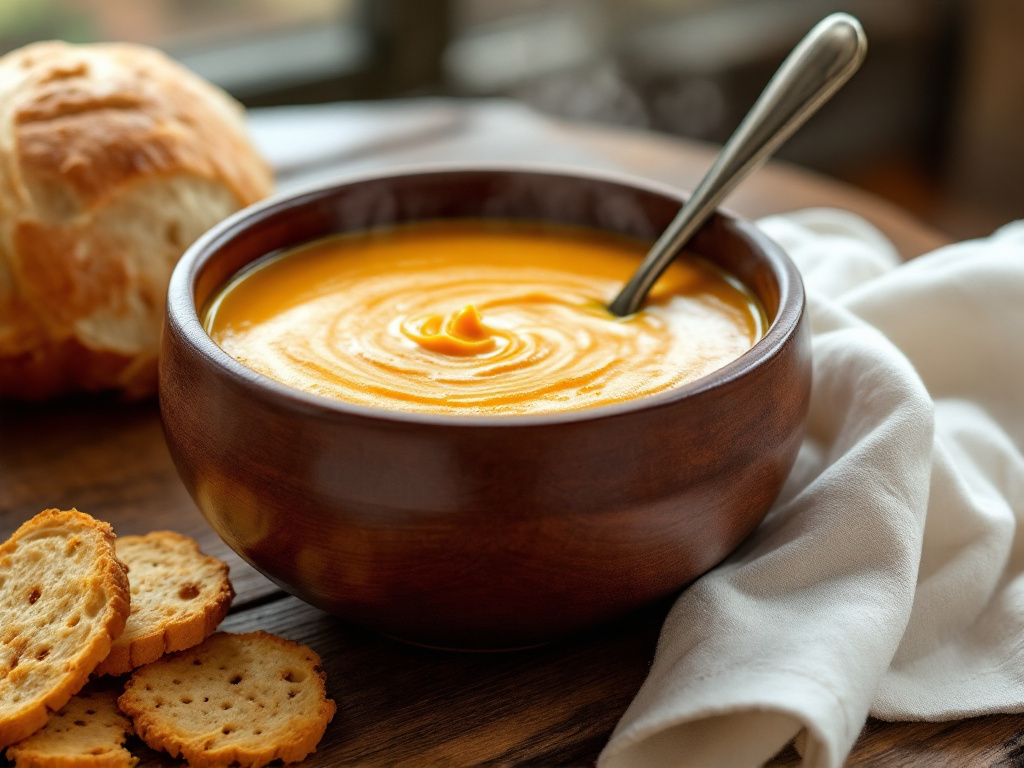 un tazón caliente de sopa de calabaza cremosa, servido con pan fresco o galletas saladas.