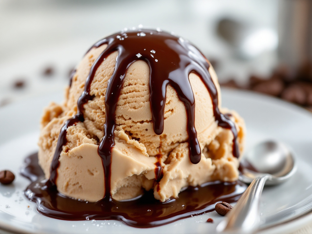 An ultra-close-up, high-resolution shot of a scoop of rich, creamy coffee ice cream with velvety chocolate sauce drizzled over the top. 