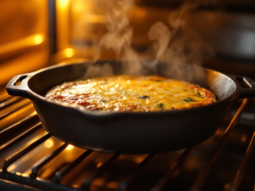 Une vue de côté d'une poêle en fonte à l'intérieur d'un four préchauffé, reposant sur la grille du milieu.