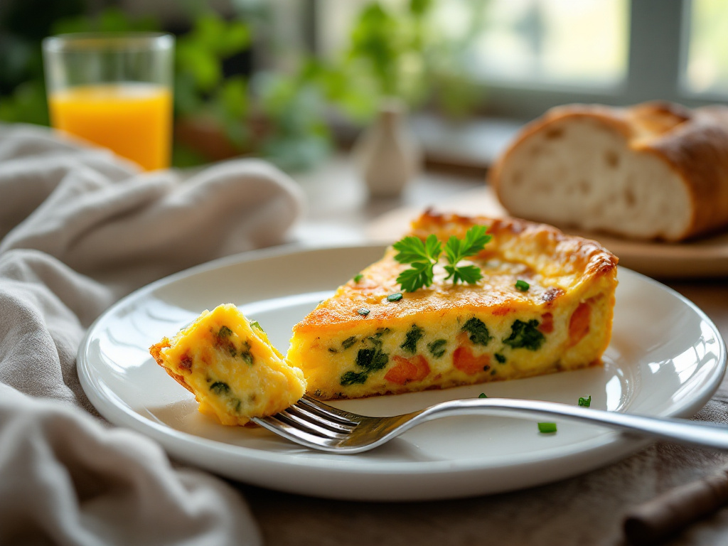 Une belle tranche de frittata présentée sur un plat en céramique blanche, garnie d'herbes fraîches comme le persil ou la ciboulette.