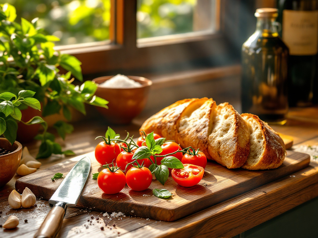 tomates Roma fraîches, un pain ciabatta rustique, du basilic frais, des gousses d'ail, de l'huile d'olive, du vinaigre balsamique, du sel et du poivre sur un comptoir de cuisine en bois.