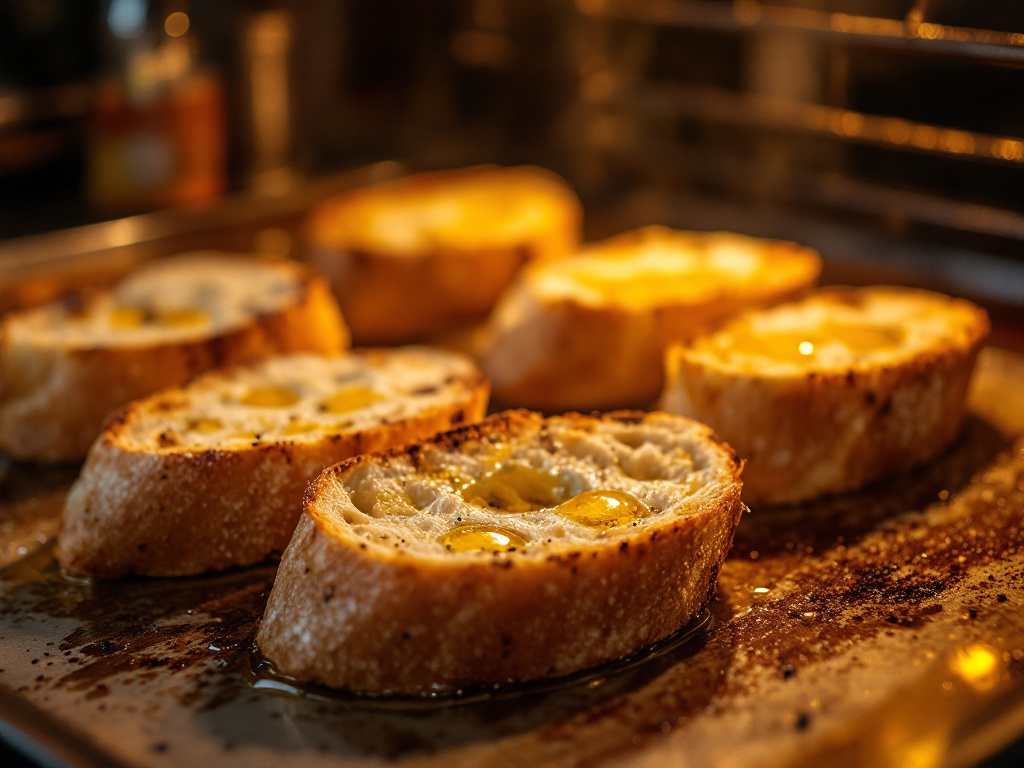 tranches de pain badigeonnées d'huile d'olive placées sur une plaque de cuisson dans un four préchauffé ou sur une poêle à grill avec des marques de grillades légères.