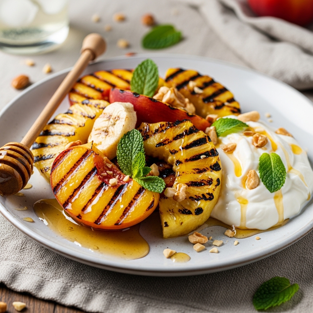 Eine enge, mundwassernde Nahaufnahme des fertig angerichteten Gerichts, das wunderschön gegrillte Pfirsiche, Nektarinen, Bananen und Ananas mit deutlichen karamellisierten Grillmarkierungen zeigt.