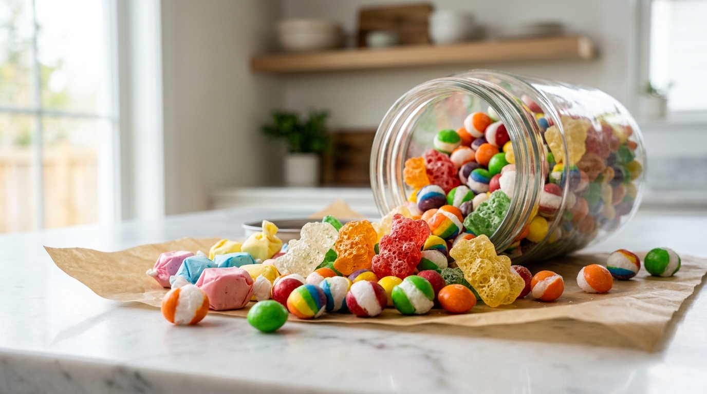 Homemade freeze-dried candy with puffed rainbow Skittles, airy gummy bears, and crunchy marshmallow treats