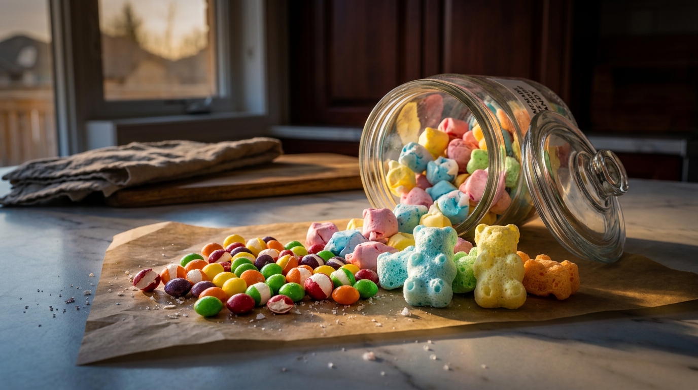Packaging homemade freeze-dried candy into Mylar pouches with an oxygen absorber and heat sealer