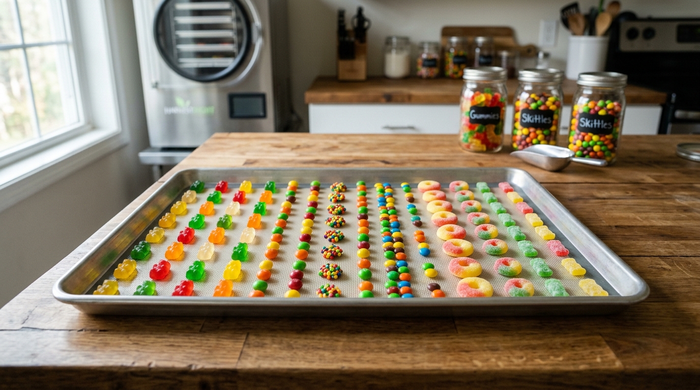 Arranging candies in a single layer with 1-inch spacing on a silicone mat for homemade freeze-dried candy