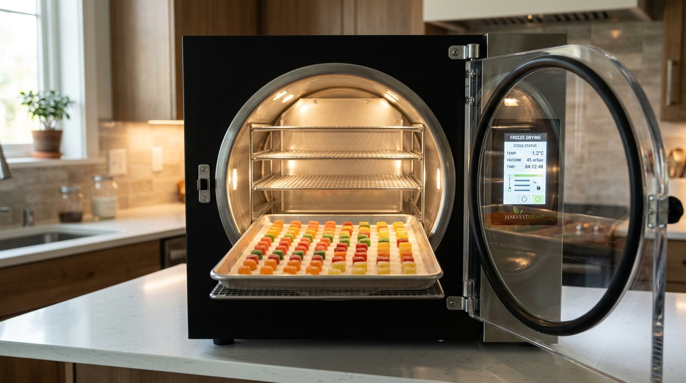 Loading the tray of candies into the stainless steel home freeze dryer chamber for homemade freeze-dried candy