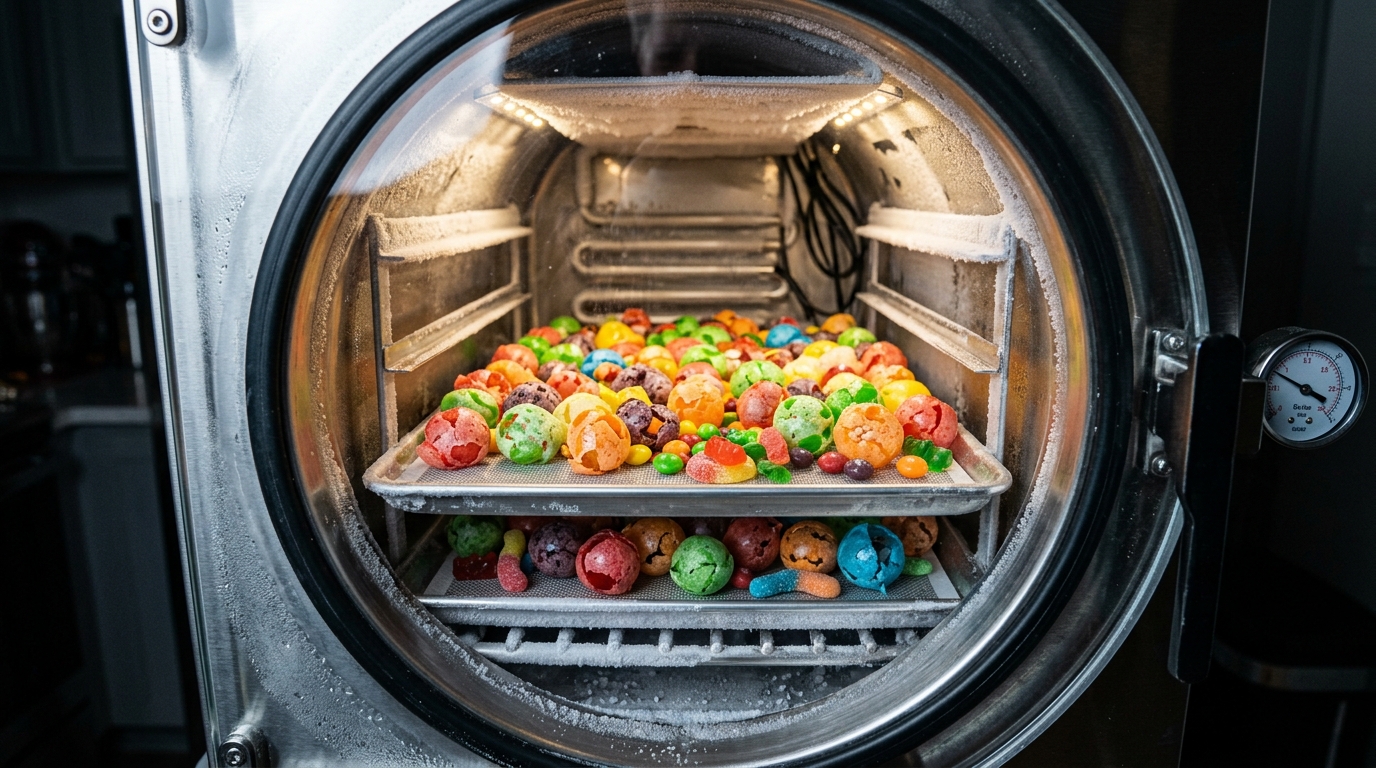 Vacuum sublimation process showing candies expanding and puffing into crunchy spheres for homemade freeze-dried candy
