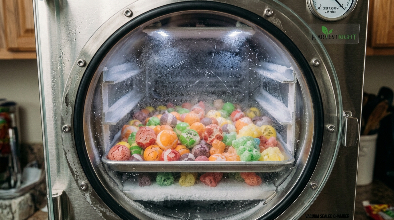Removing the tray of crispy, puffy, completely dry homemade freeze-dried candy from the machine