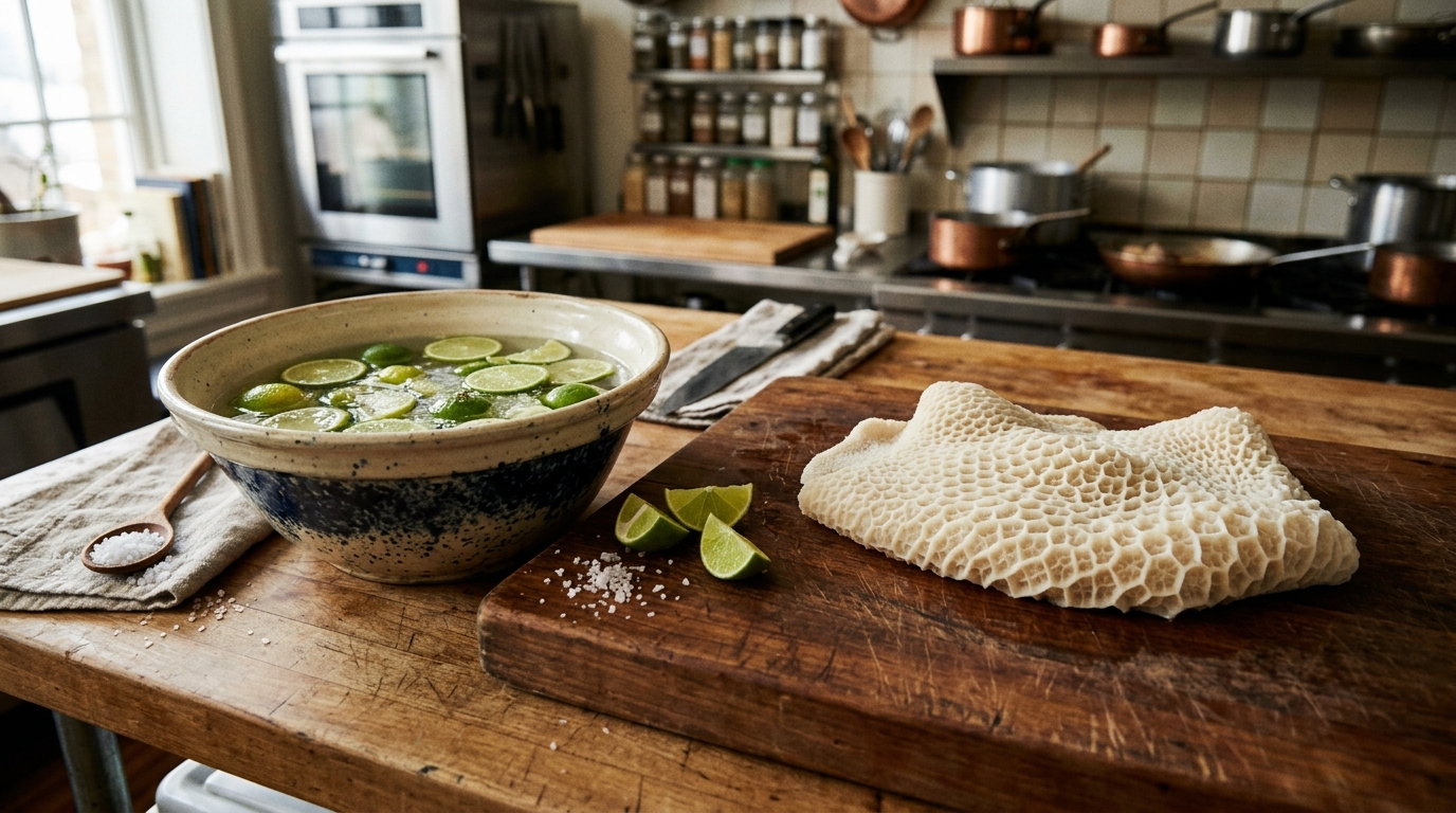 Cleaning and soaking honeycomb beef tripe in fresh lime juice and coarse sea salt on a butcher block