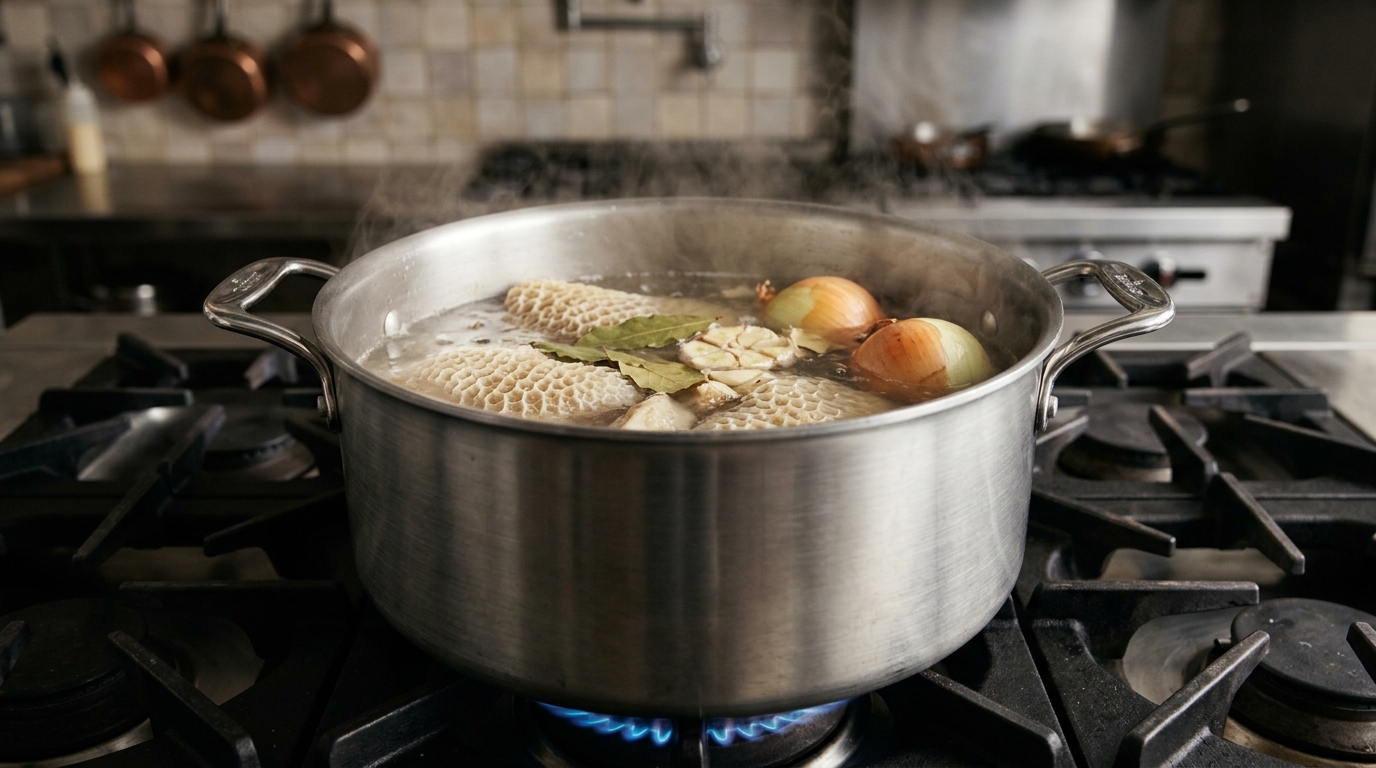 Parboiling honeycomb beef tripe with bay leaves, garlic, and onions in a heavy-duty solid stainless steel stockpot on the stove