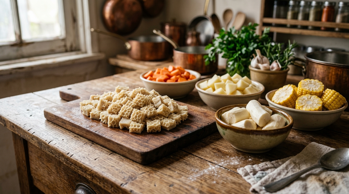 Dicing tender parboiled beef tripe, fresh yuca, sweet yellow corn wheels, and carrots on a prep table