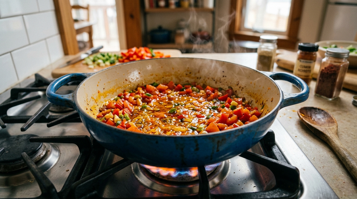 Simmering diced beef tripe and sweet corn on the cob wheels in rich golden aromatic broth