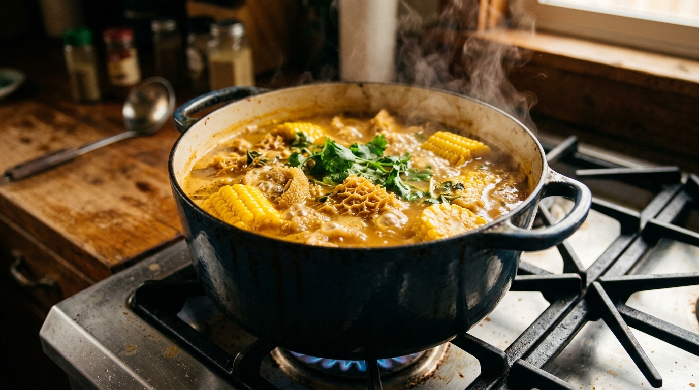 Adding peeled yuca root, potatoes, plantains, and fresh cilantro to the simmering Mondongo stew