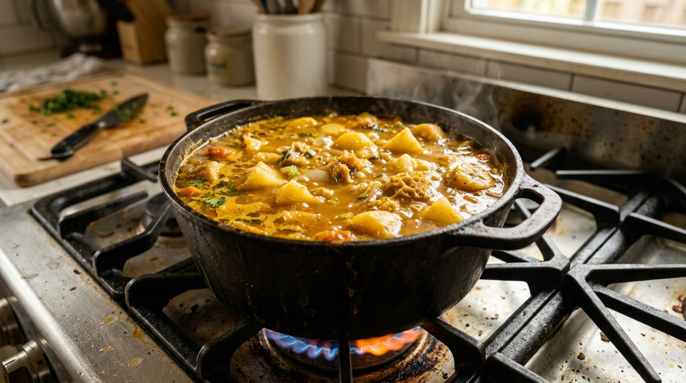 Laddling piping hot Sopa de Mondongo into clay bowls served with sliced avocado, lime, and warm arepas