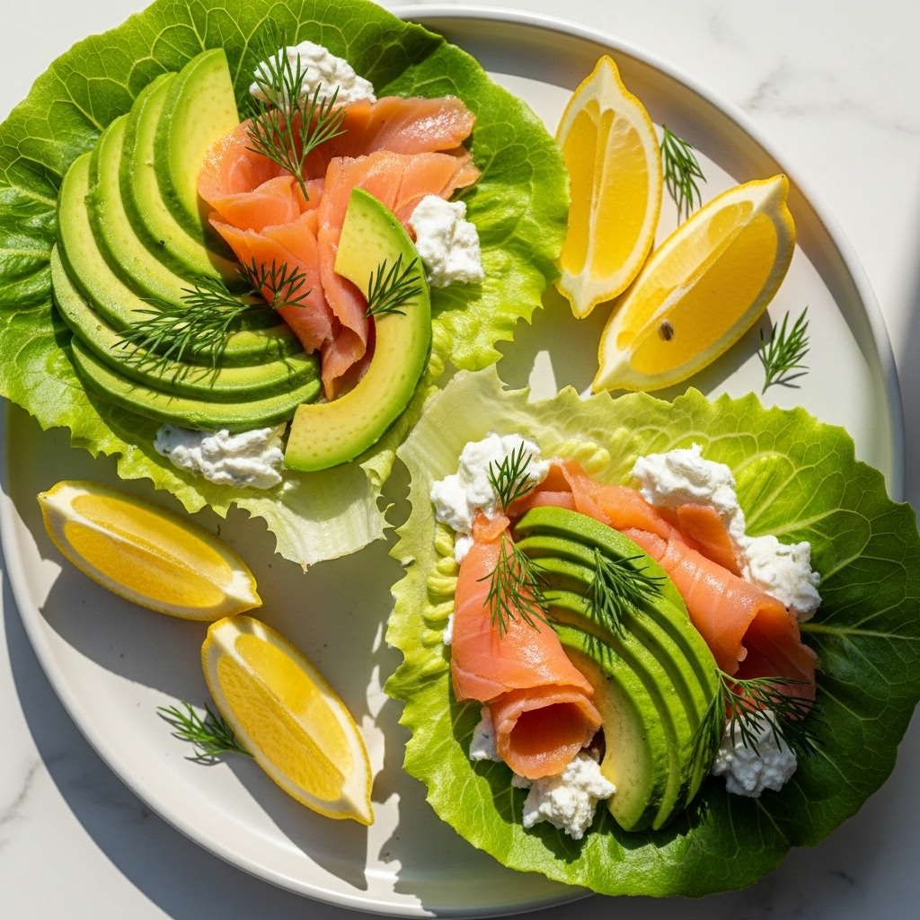 A fresh keto breakfast wrap made with crisp butter lettuce leaves, filled with sliced ripe avocado