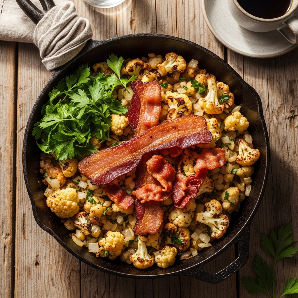 A rustic cast-iron skillet filled with golden-brown cauliflower breakfast hash