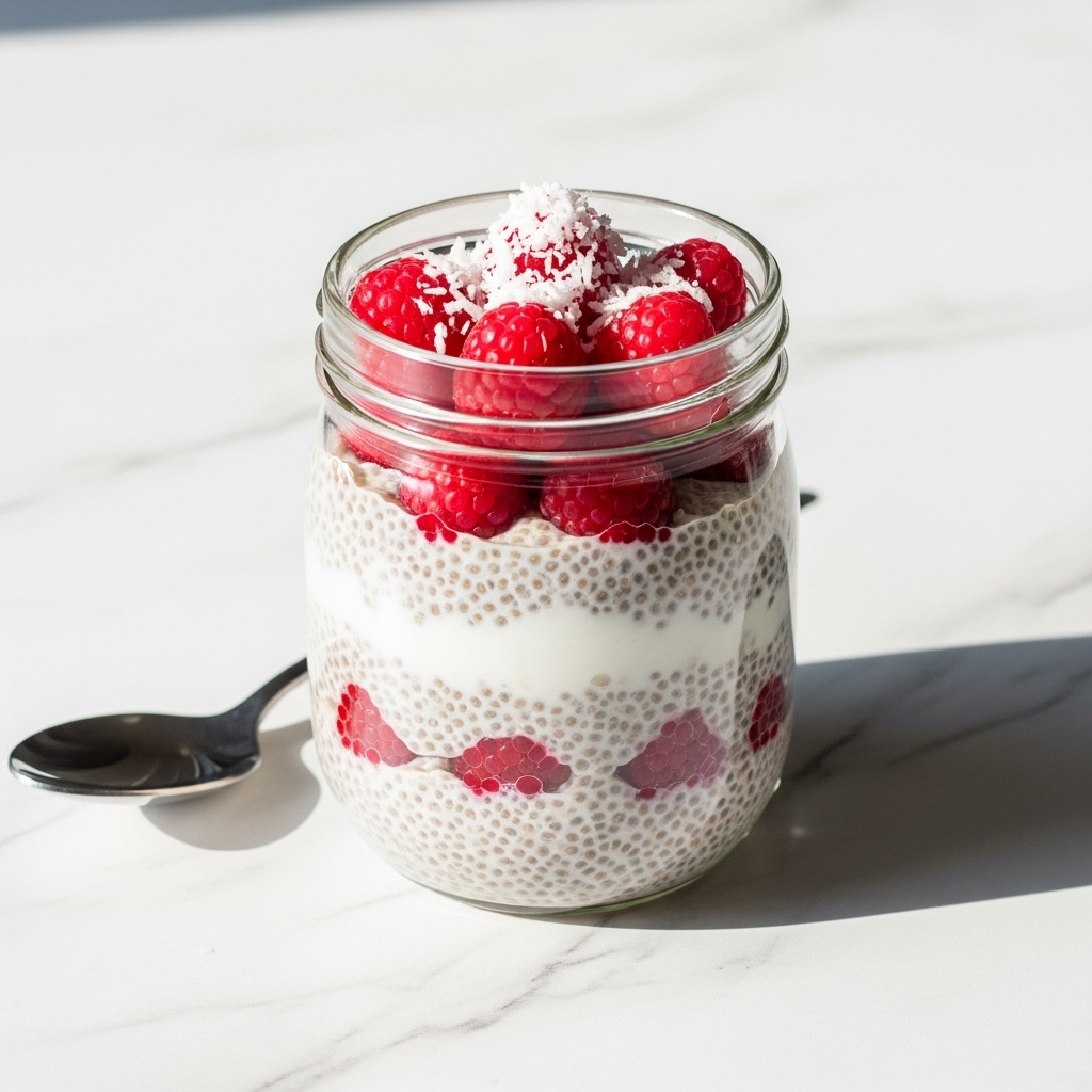 A glass jar of keto chia seed pudding layered with coconut milk and topped with raspberries and shredded coconut