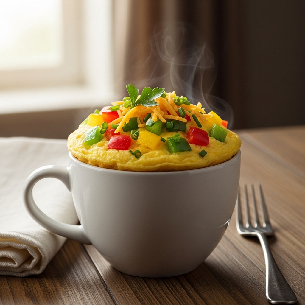 A fluffy keto microwave mug omelette in a white ceramic mug, filled with diced bell peppers, shredded cheddar cheese