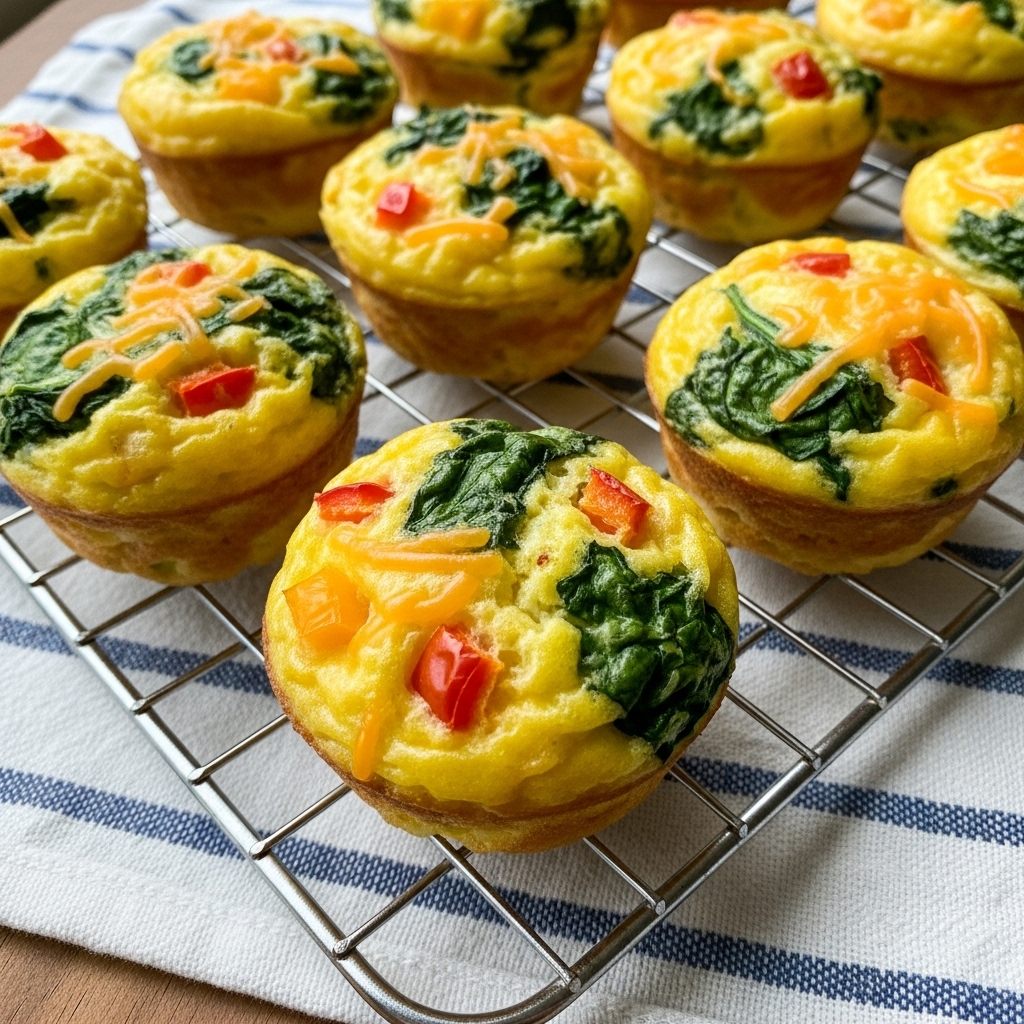 Golden-brown keto egg muffins baked in a muffin tin, filled with spinach